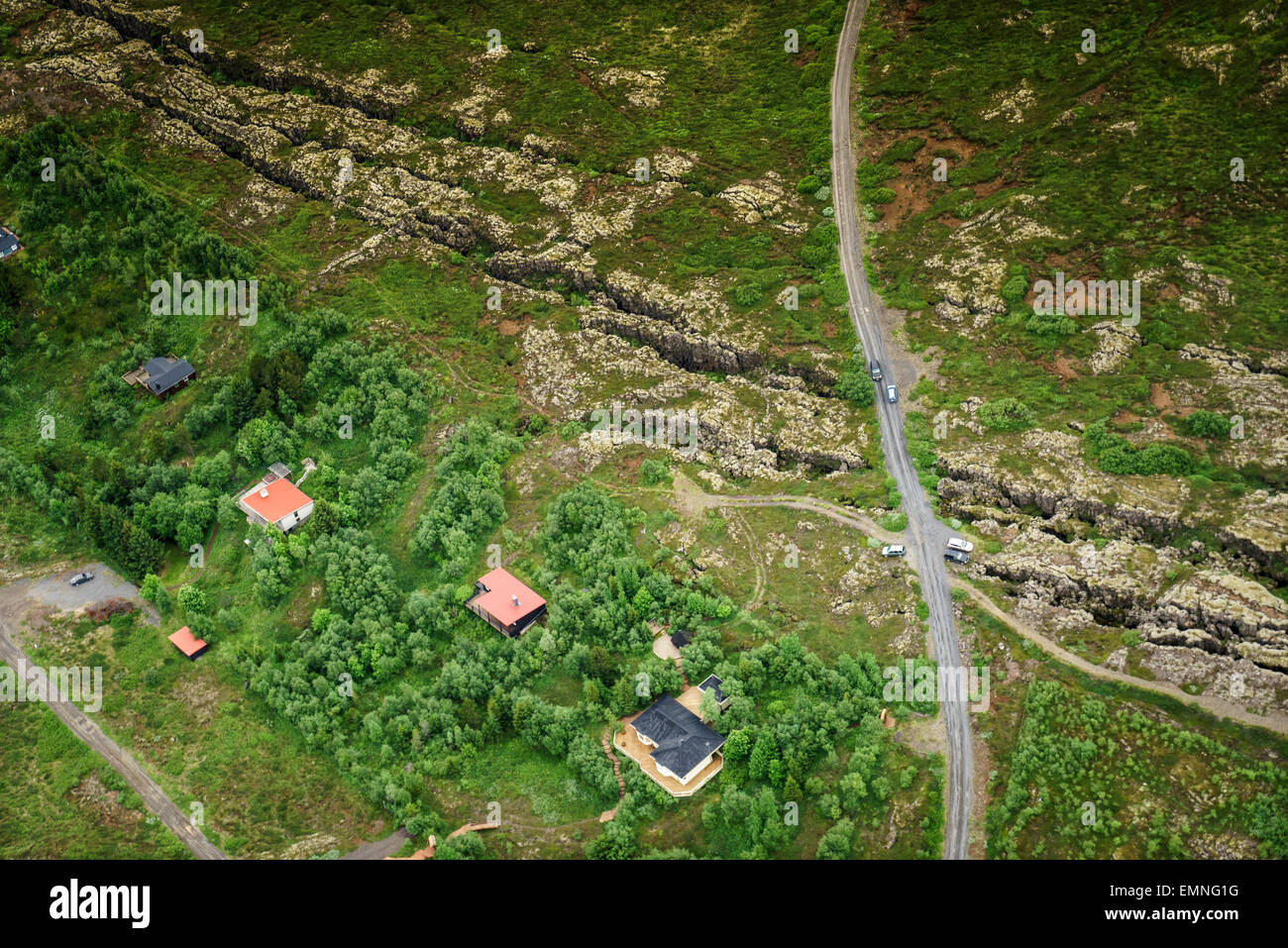 Summer homes and the Mid-Atlantic Ridge, Thingvellir National Park, Iceland Stock Photo