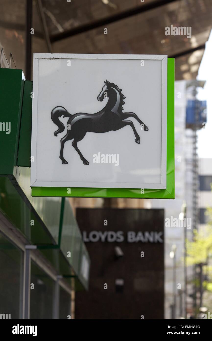 Lloyds Bank signage outside bank building in Leeds city centre Stock Photo