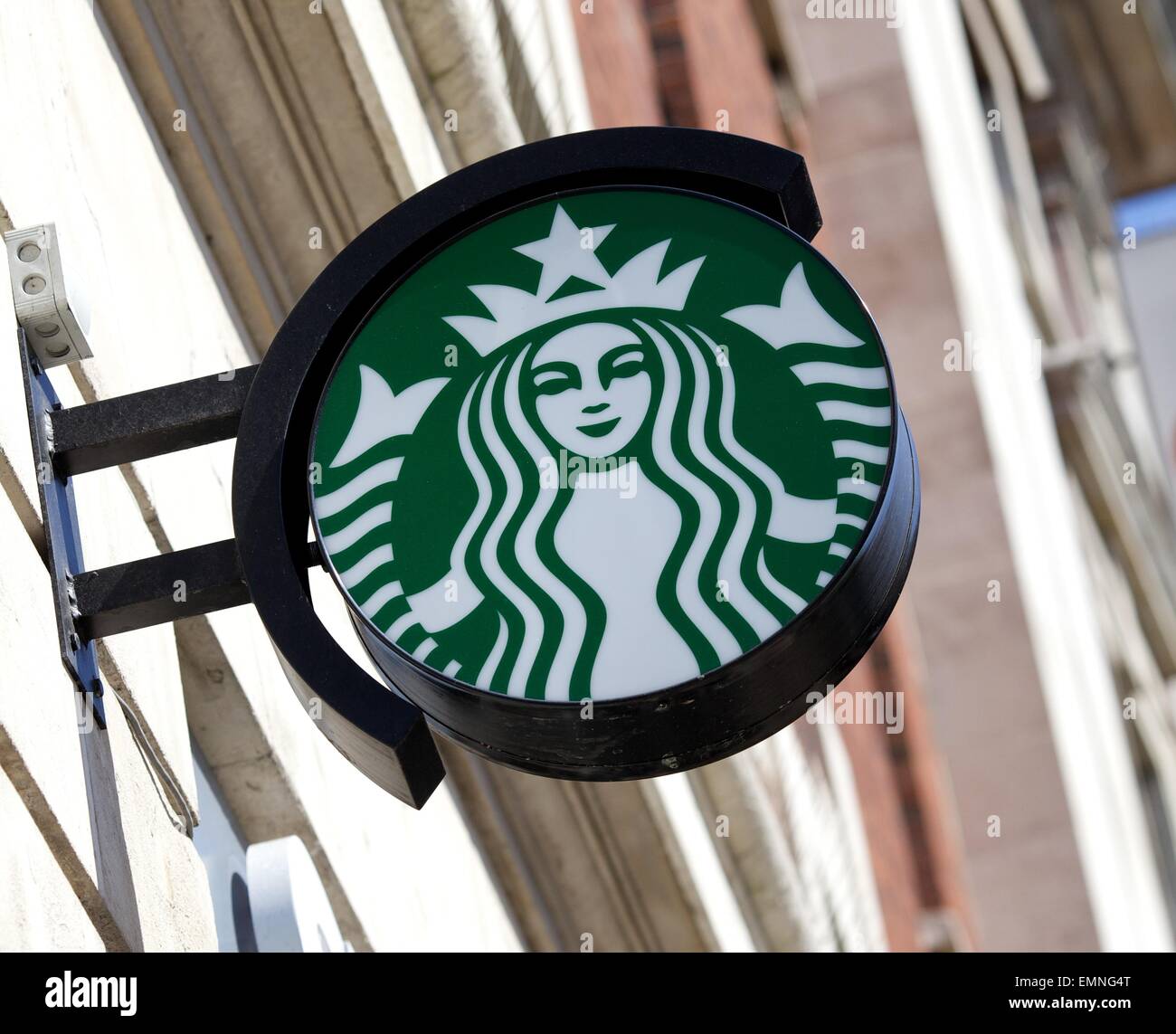 close up shot of a Starbucks coffee logo outside a shop in Leeds city centre Stock Photo