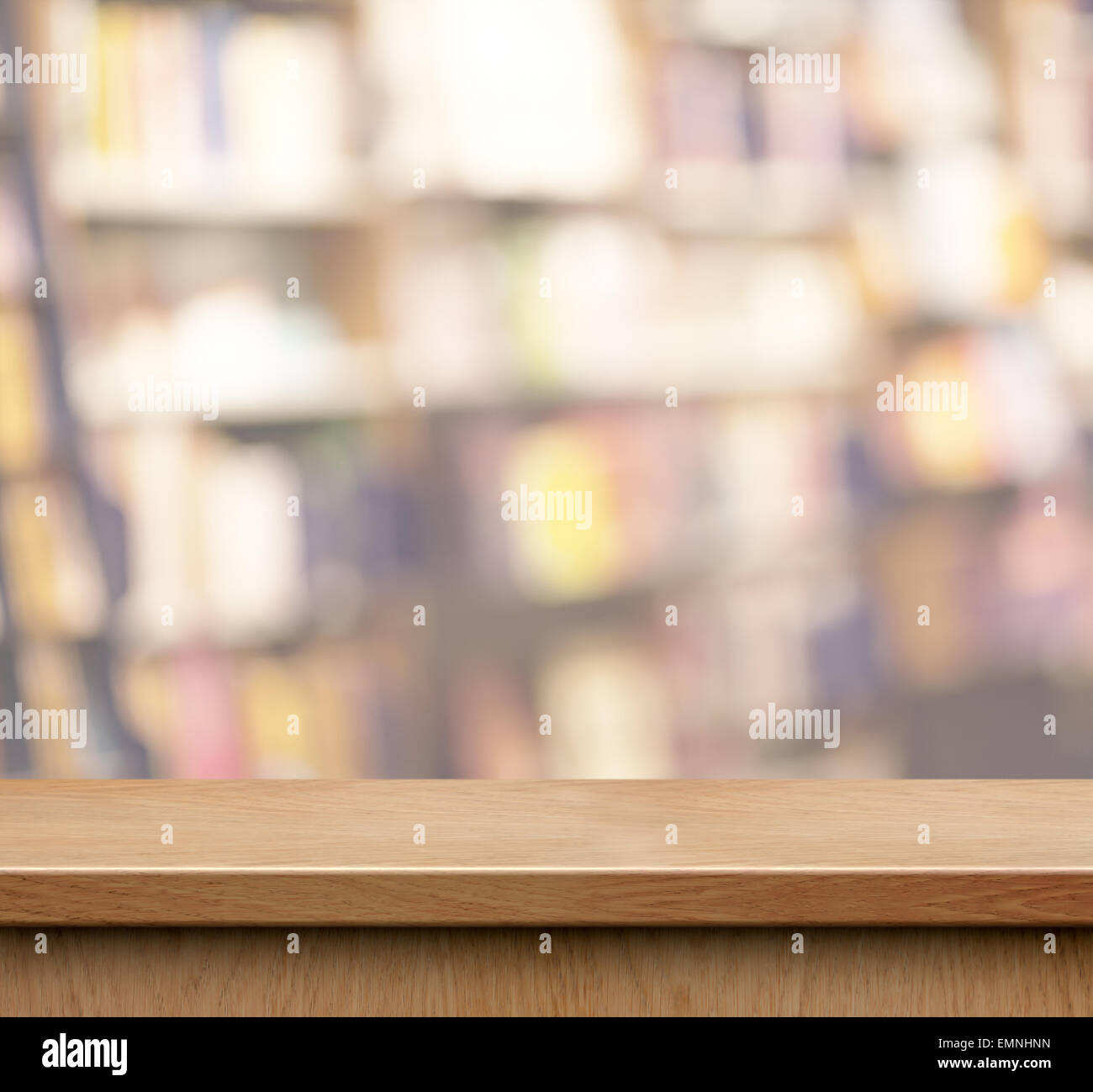 empty wood shelf for product display in book shop or library Stock Photo