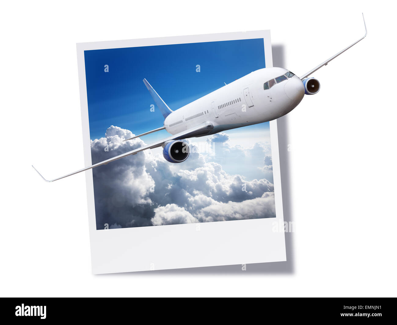 Airplane breaking free from an instant print photo or postcard Stock Photo