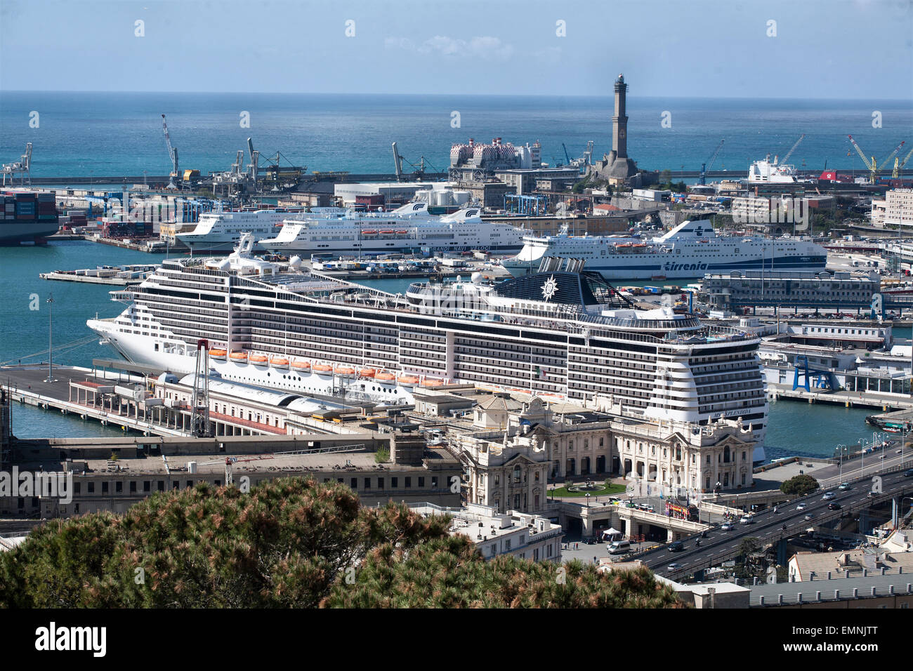 a cruise ship in genoa harbor ready to go Stock Photo