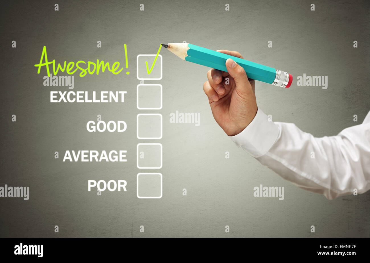 Tick placed in awesome checkbox on customer service satisfaction survey form Stock Photo