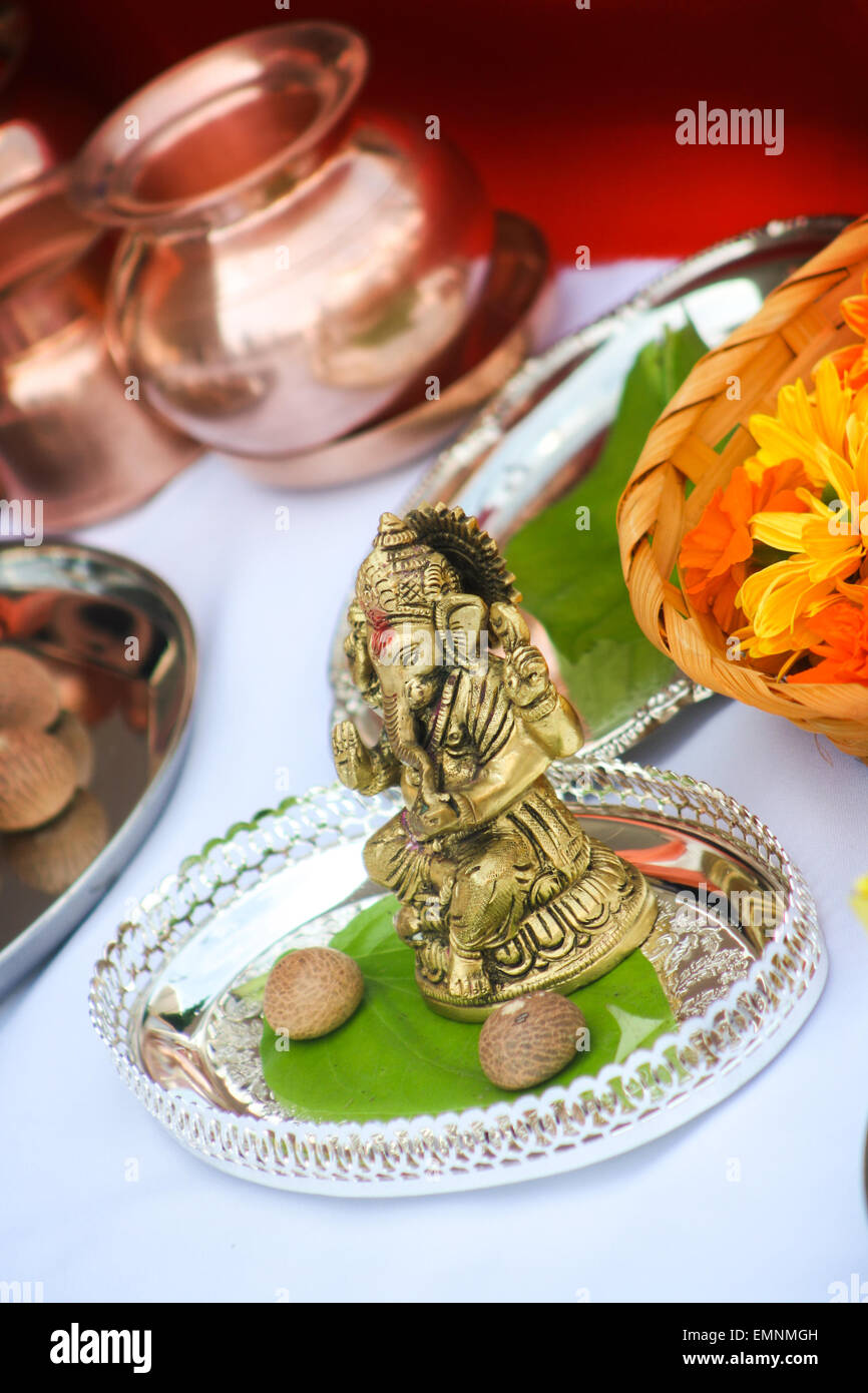 Hindu religion items ready for ritual of Mother Earth before building an object Stock Photo