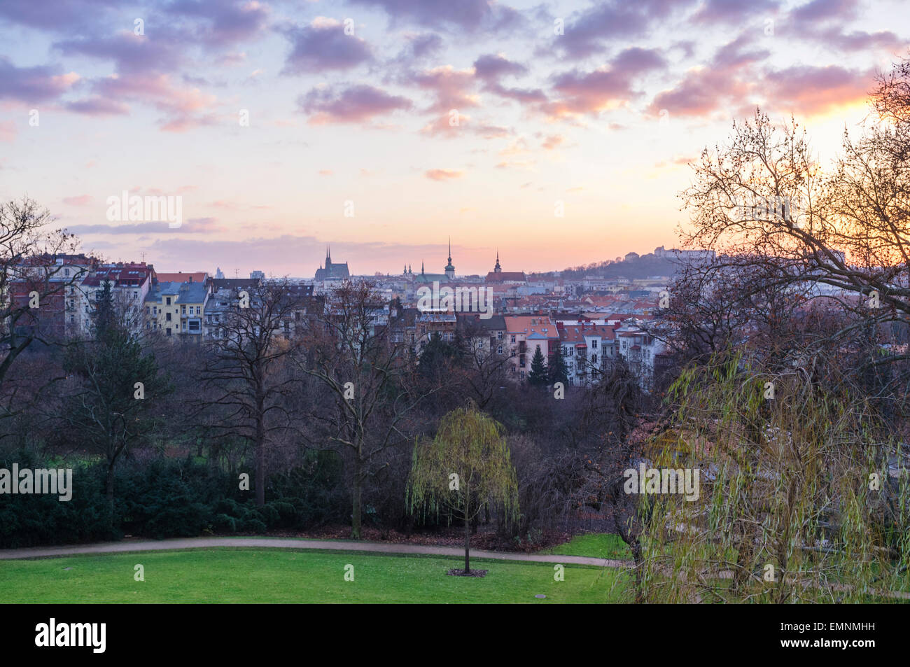 Overview of Brno at sunset from the gardens of Villa Tugendhat. Brno, Czech Republic Stock Photo