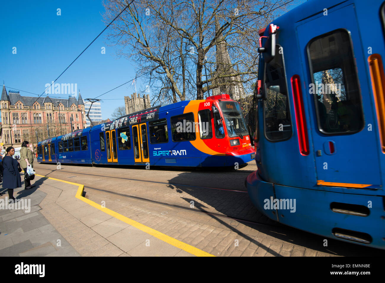 Trams at the Cathedral station in Sheffield, South Yorkshire England UK Stock Photo