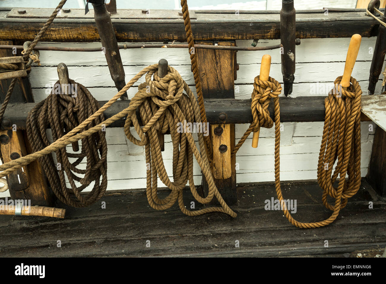Rigging ropes tied on the side of a wooden sailing ship in Norway