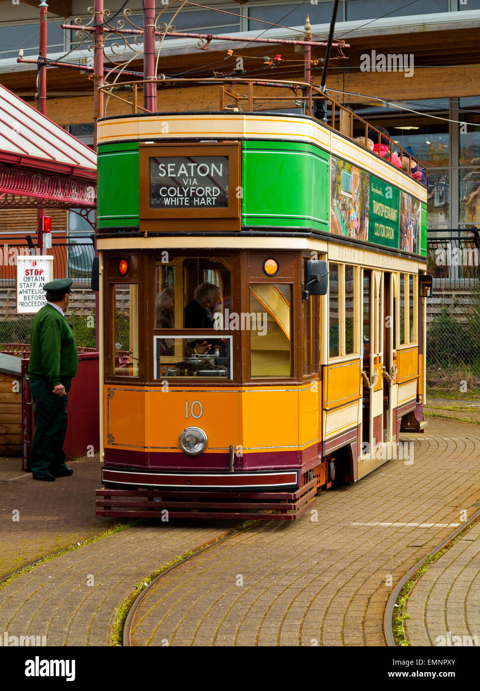 Tram on the Electric Tramway at Seaton in the Axe Valley in South Devon England UK a tourist attraction with a three mile track Stock Photo