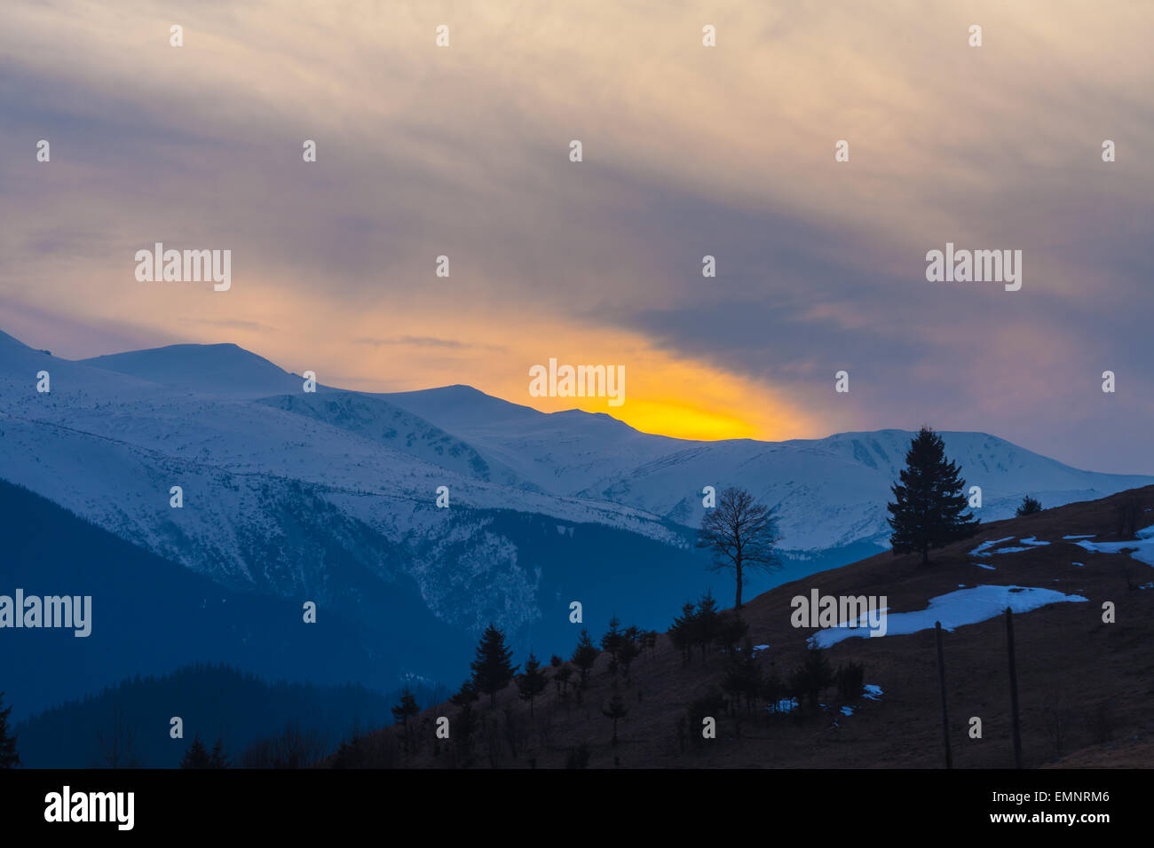 Majestic mountains landscape under morning sky with clouds Stock Photo ...