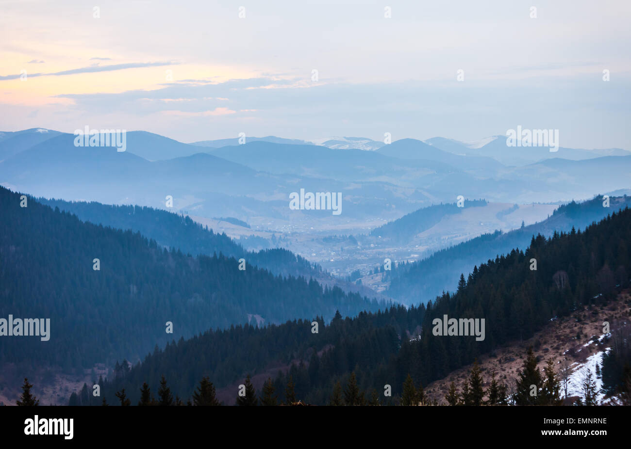 Majestic mountains landscape under morning sky with clouds Stock Photo ...