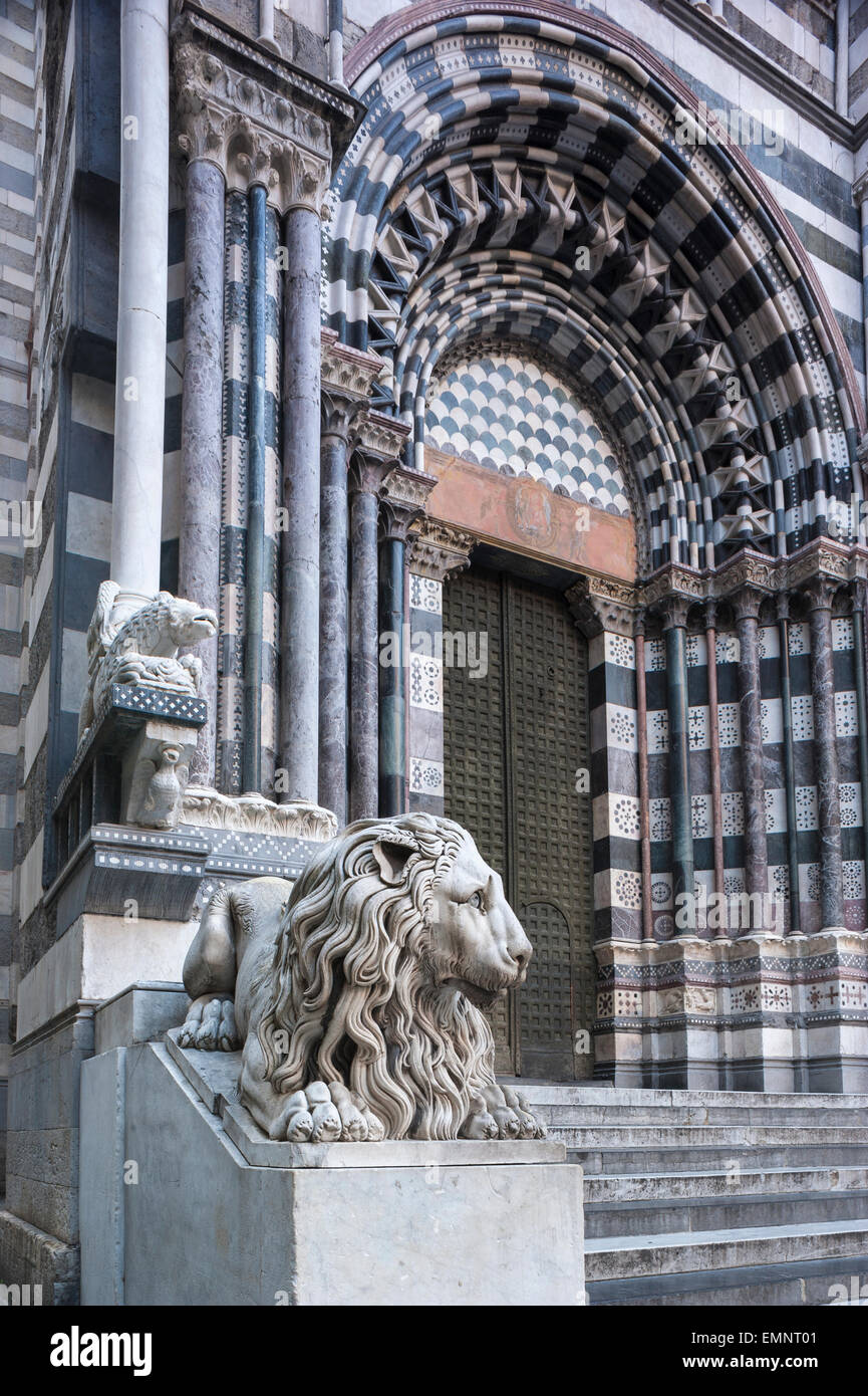 Genoa Cathedral, the striking black and white marble entrance to the Cattedrale di San Lorenzo in Genova, Liguria, Italy. Stock Photo