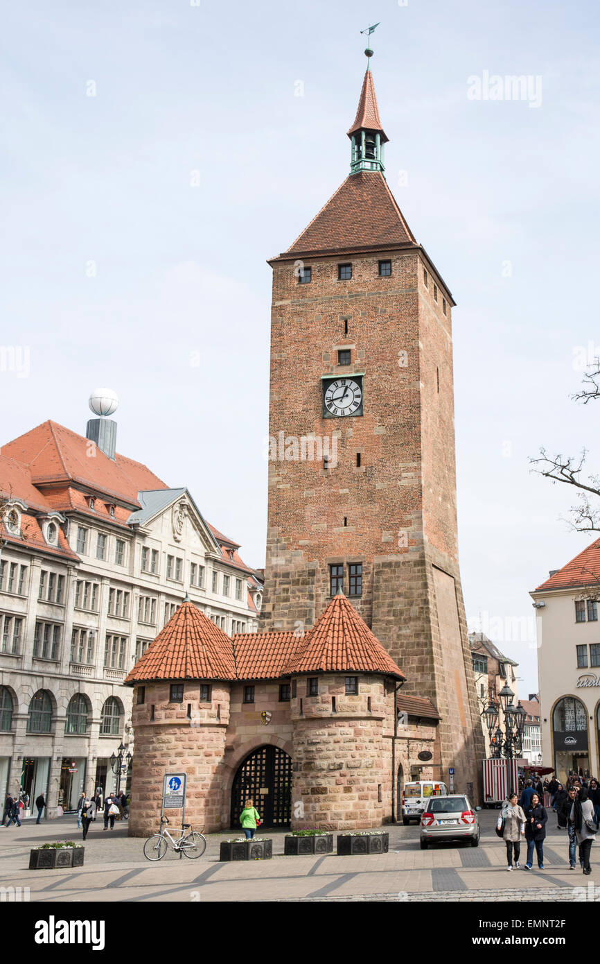 NUERNBERG, GERMANY - APRIL 9: Tourist at the Weisser Turm tower in Nuernberg, Germany on April 9, 2015. Nuremberg is the second Stock Photo