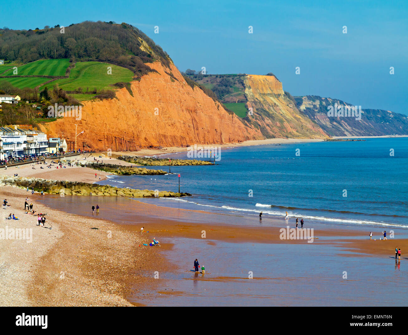View looking east along the beach at Sidmouth South Devon England UK with the red sandstone cliffs of the Jurassic Coast beyond Stock Photo