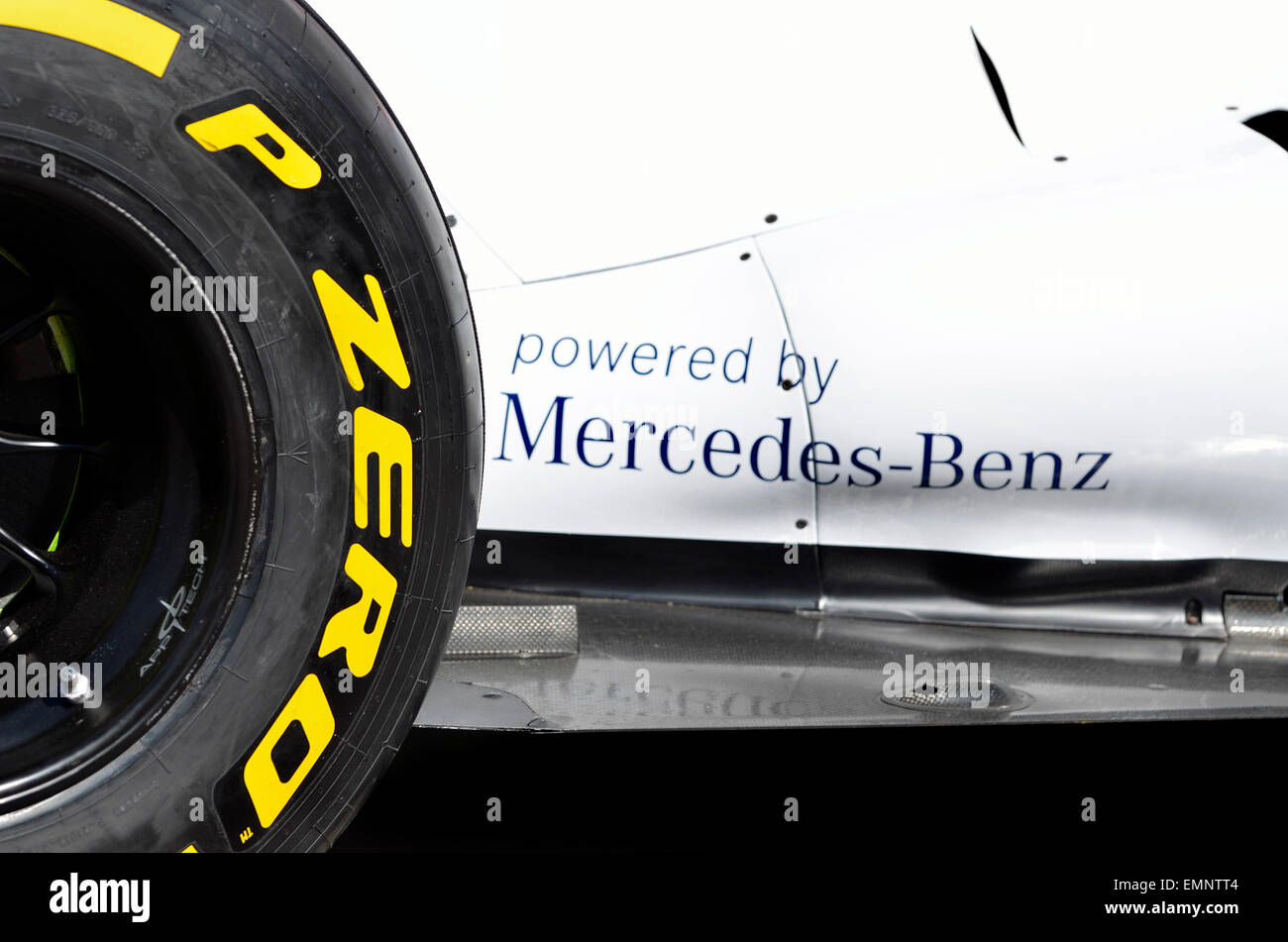 2014 Williams Formula One car - Pirelli P Zero tyre and 'Powered by Mercedes-Benz' Stock Photo