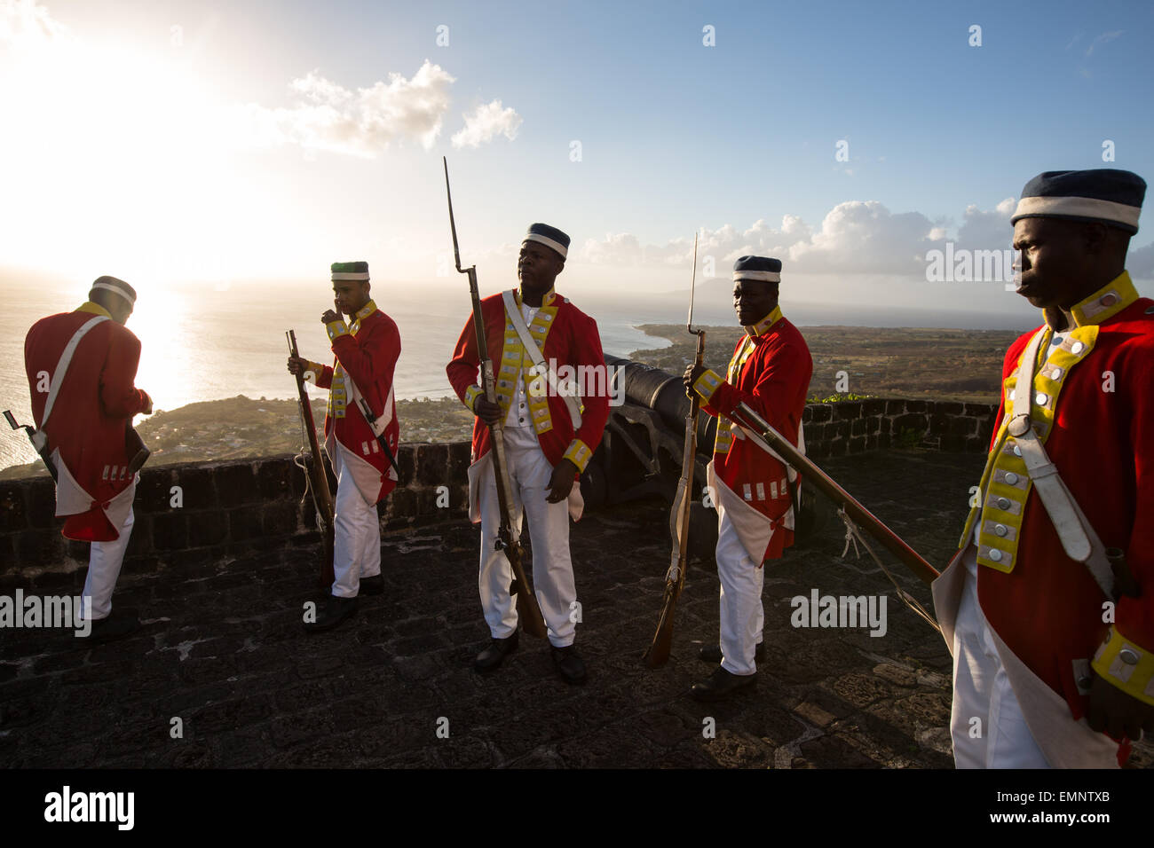 Brimstone Hill Fortress National Park, with soldiers dressed in period costume of West Indies Regiment, in St. Kitts, Caribbean. Stock Photo