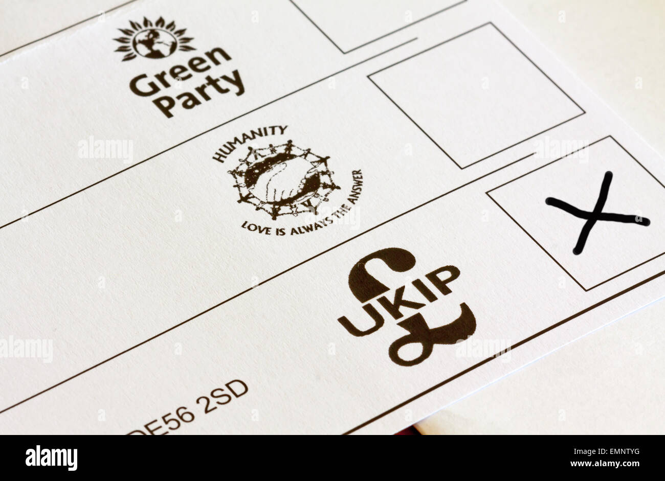 UK General Election ballot paper with boxes marked for voting for different political party candidates with cross in UKIP box Stock Photo