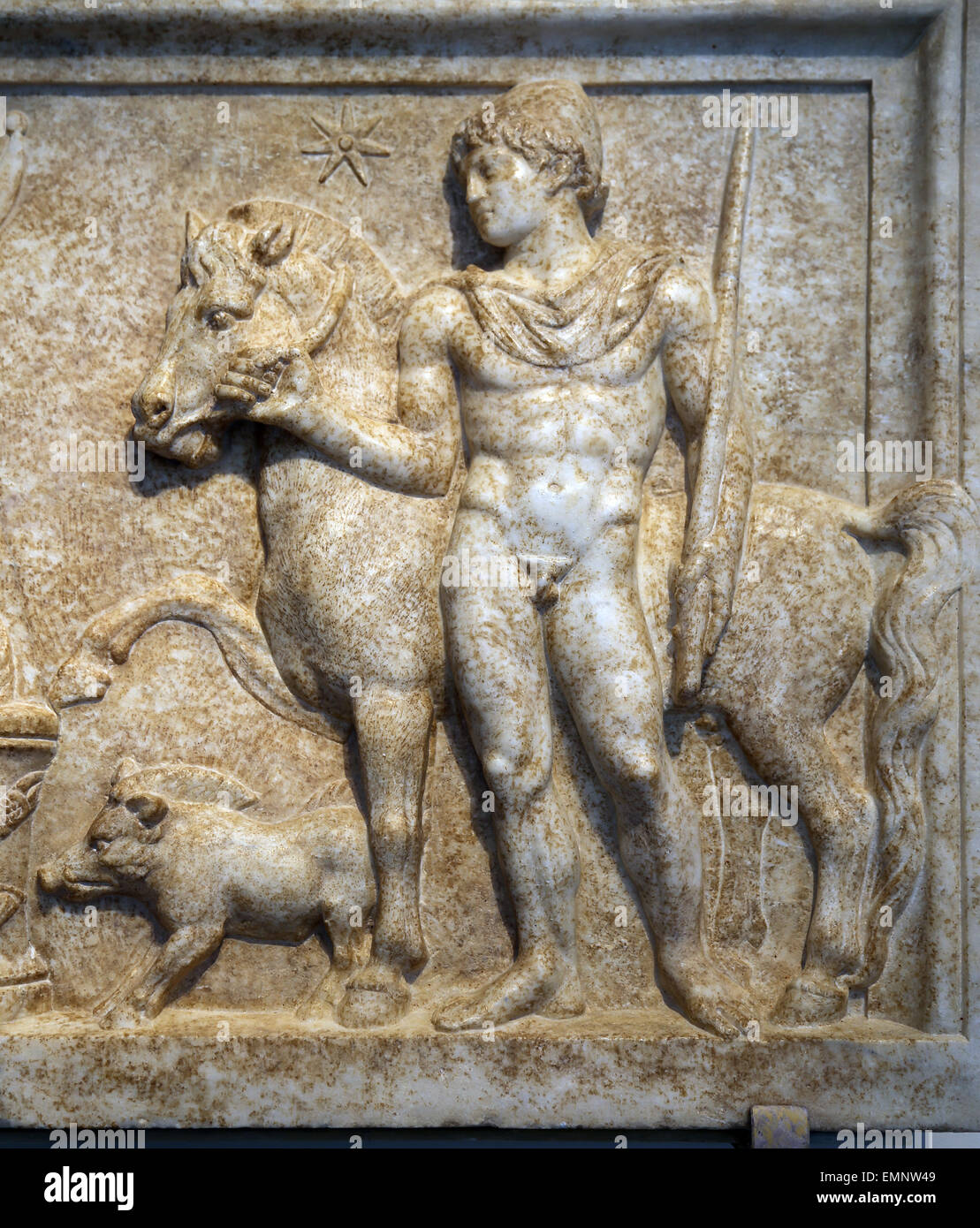 Marble relief with the Dioscuri, Castor and Pollux (Dioskouri). Roman