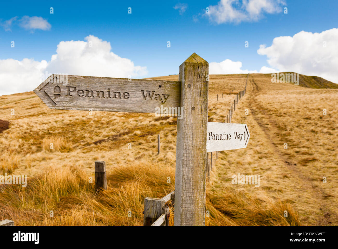 A signpost indicating the route of the Pennine Way near Kirk Yetholm Stock Photo