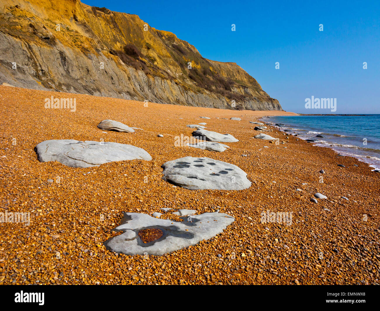 View looking east on the shingle beach at Seatown on the Jurassic Coast in West Dorset England UK Stock Photo