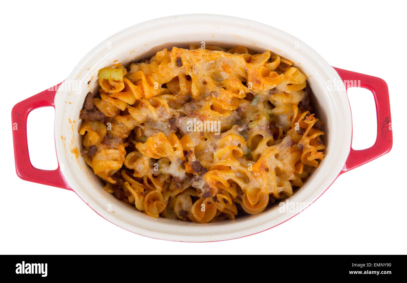 beef and cheese spiral pasta isolated on white Stock Photo