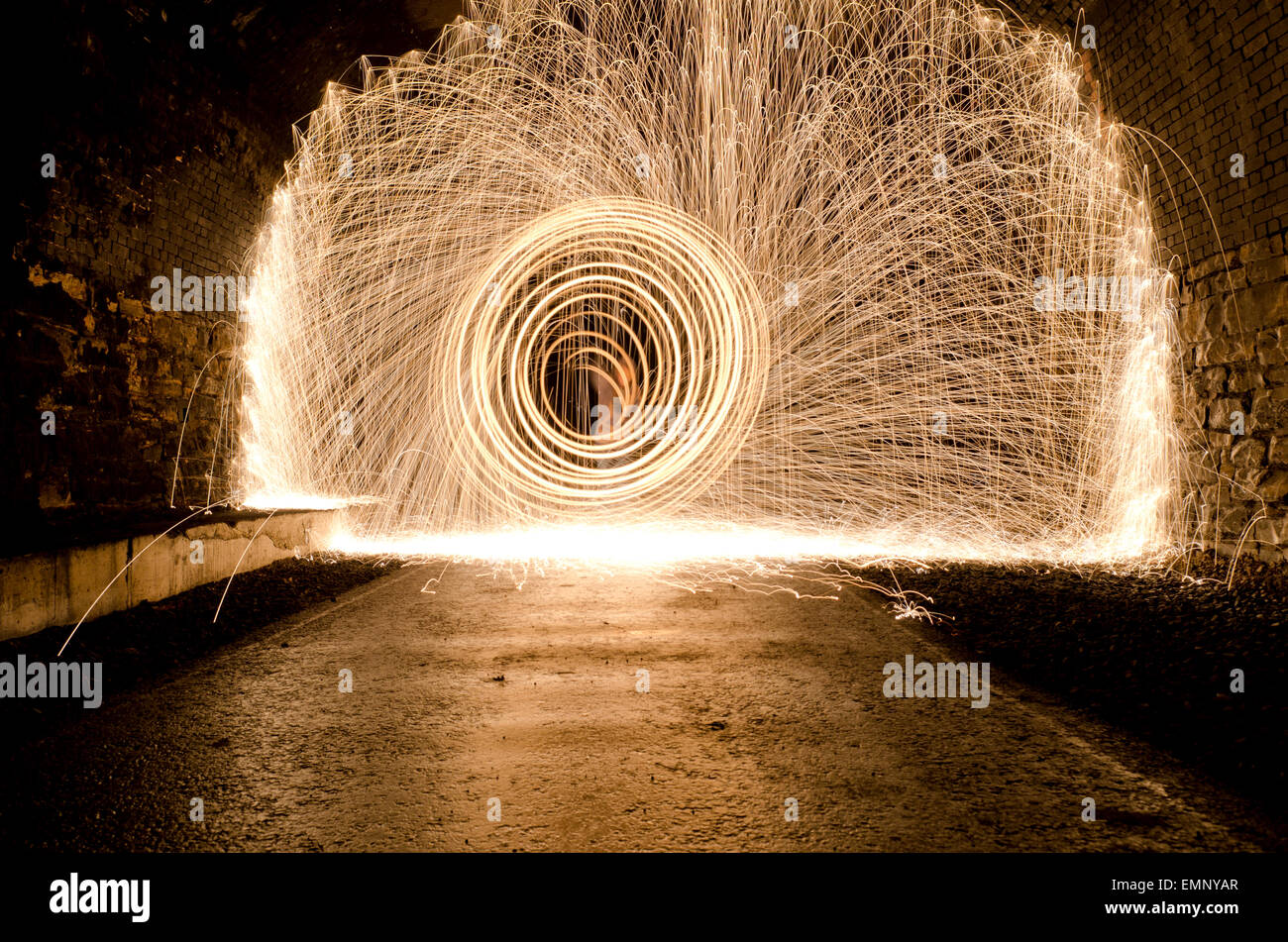 Sparks in train tunnel Stock Photo