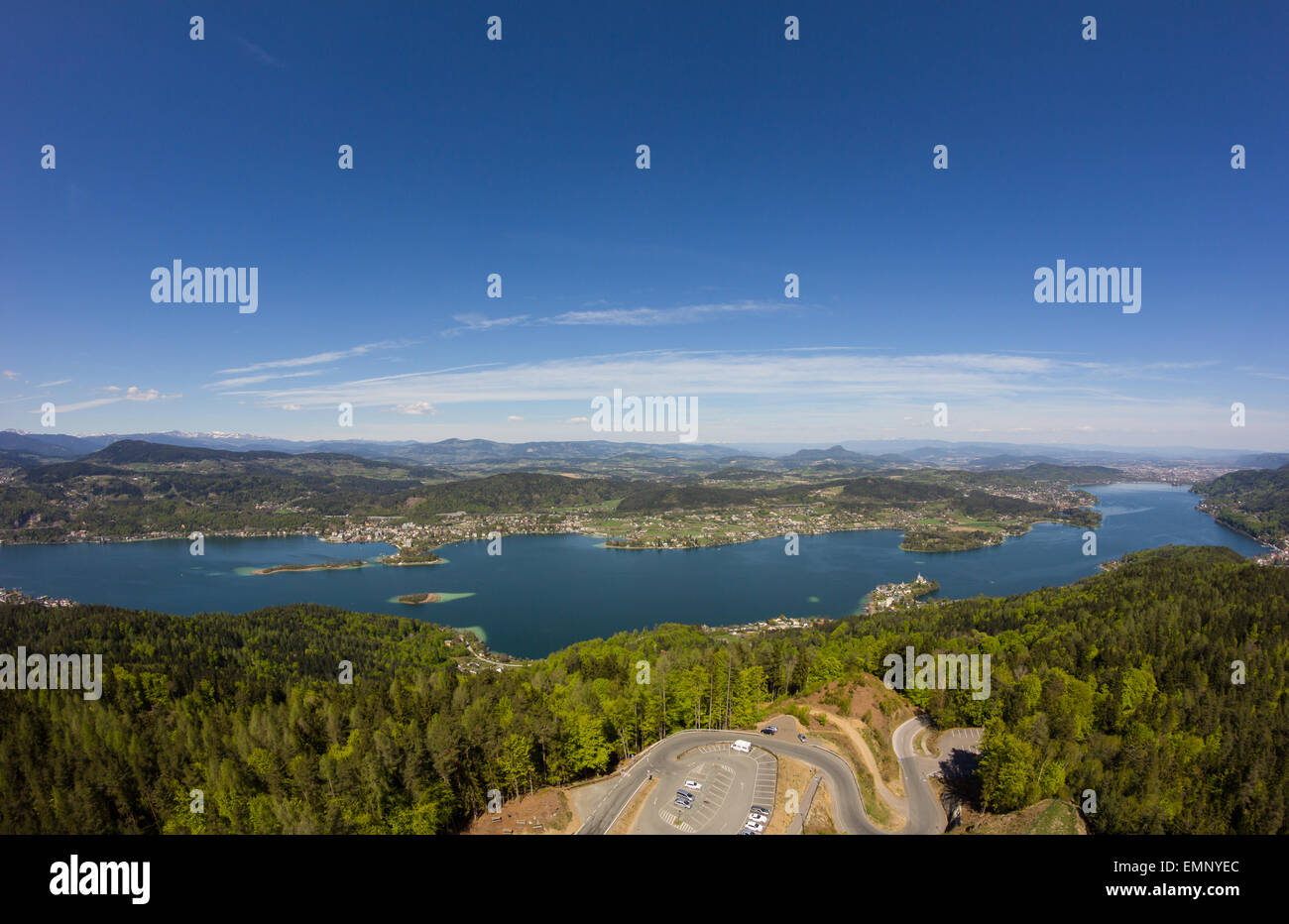 View From Observation Tower Pyramidenkogel To Lake Woerth In Spring Stock Photo