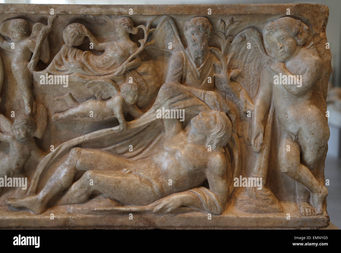 Marble sarcophagus with the myth of Endymion. Roman. Antonine period, 2nd c.AD.  Detail Endymion. Stock Photo