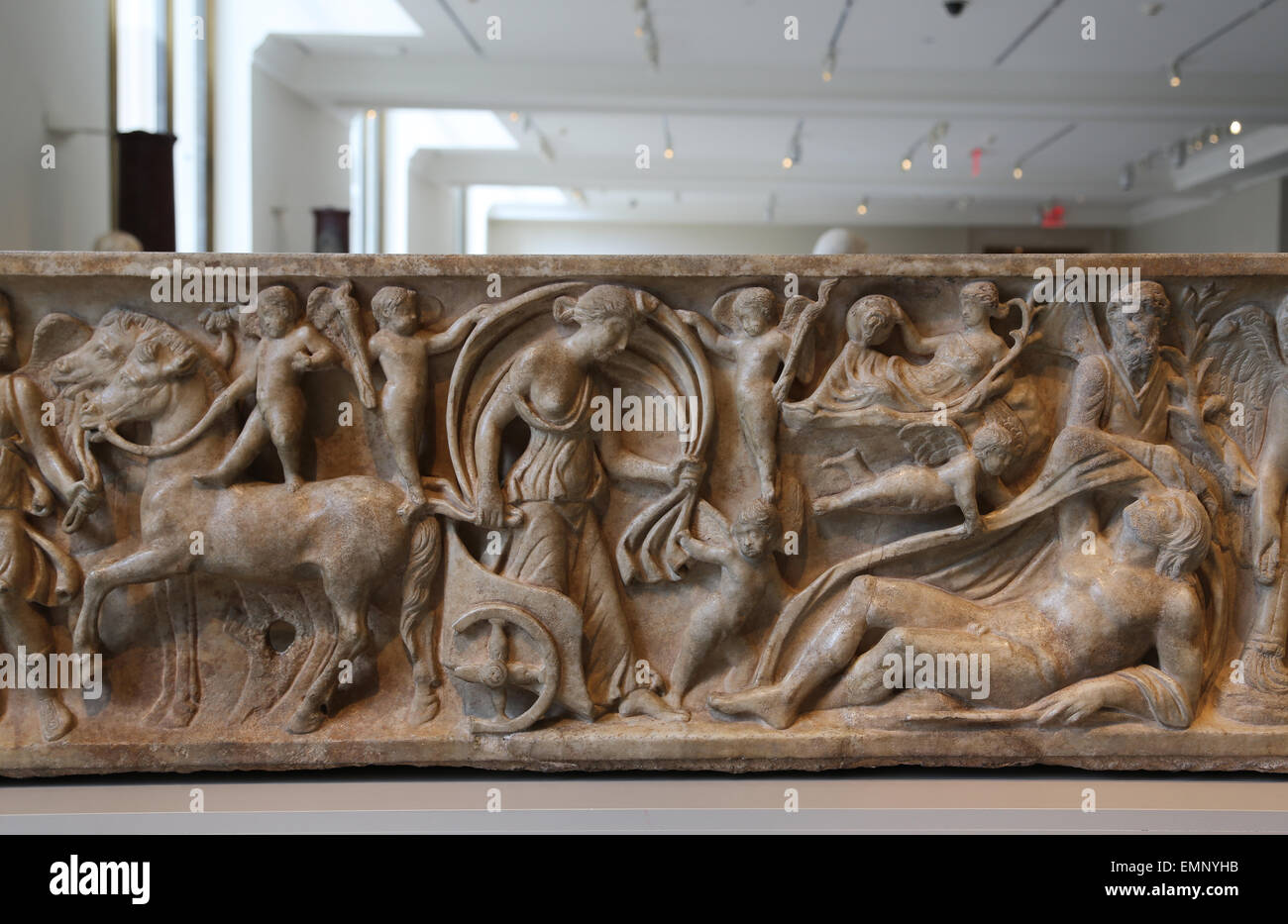 Sarcophagus. Myth of Endymion. Roman. 2nd c.AD. Selene, alights from her chariot to visit her reclining lover. Stock Photo