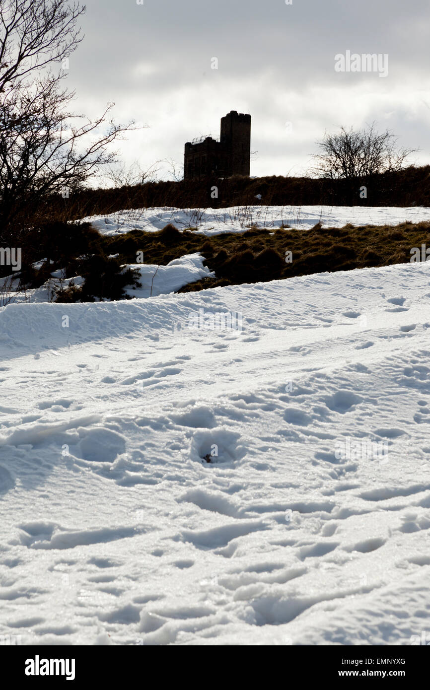 Victoria Tower in the snow, Castle Hill, Huddersfield, West Yorkshire England Stock Photo
