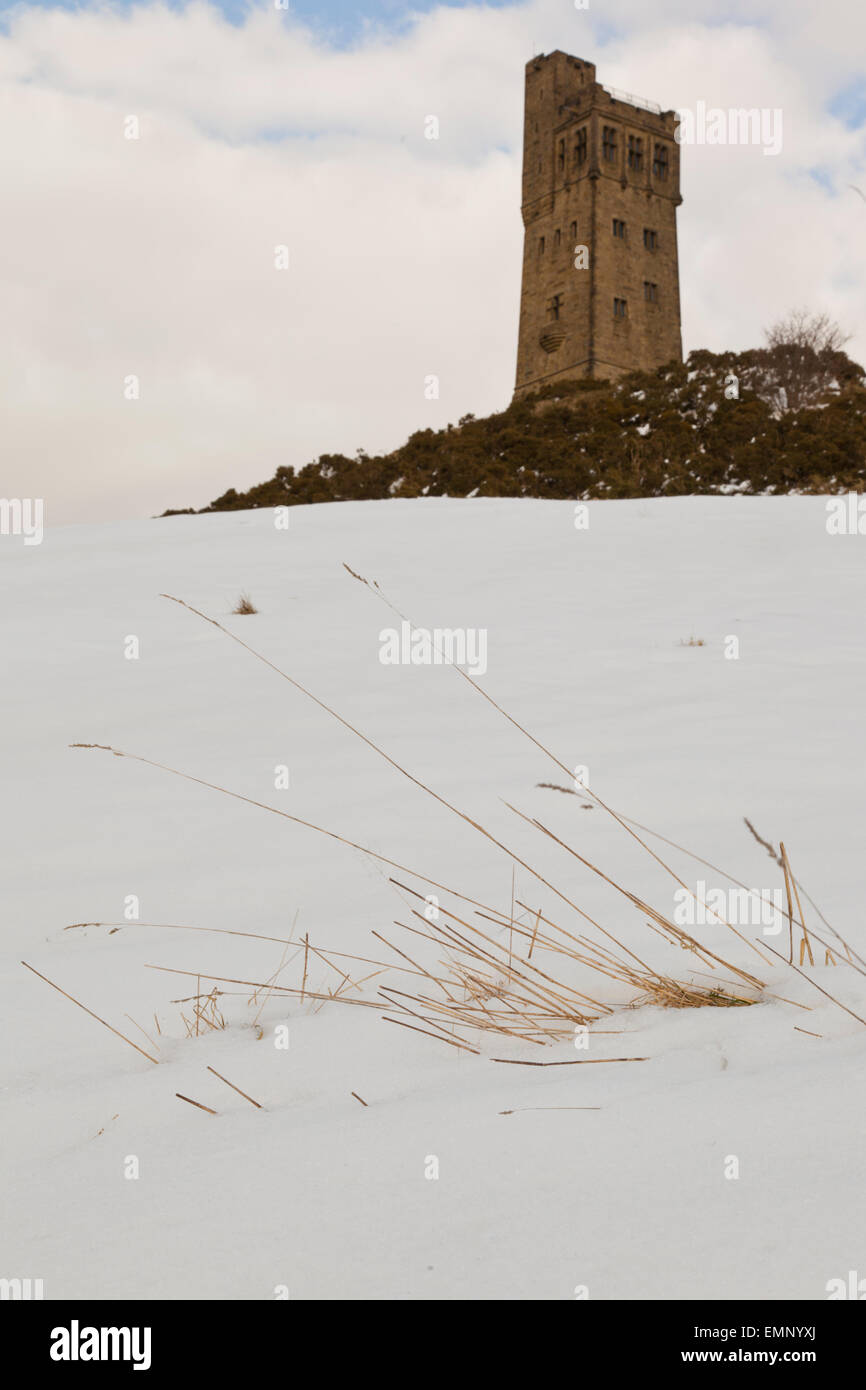 Victoria Tower in the snow, Castle Hill, Huddersfield, West Yorkshire England Stock Photo