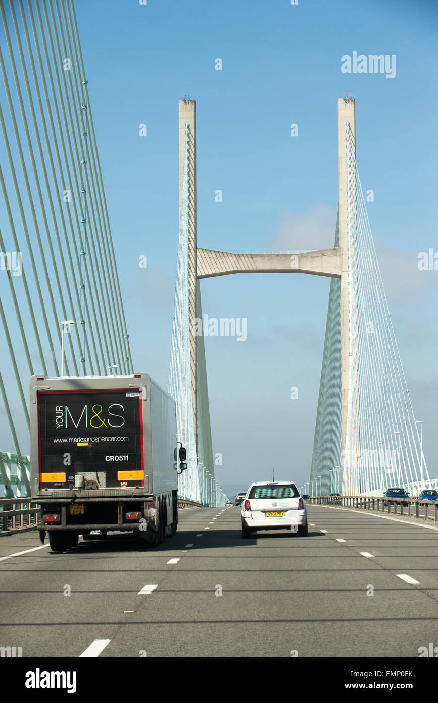 M4 motorway and the Severn Bridge which divides England and Wales UK  Marks and Spencer company lorry in transit Stock Photo