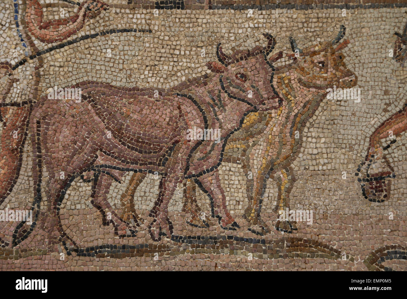 Roman mosaic. Rural scenes. Late Imperial, late 2nd-3rd C. AD. Detail. Workman with oxes. Museum Metropolitan of Art. Ny. USA. Stock Photo