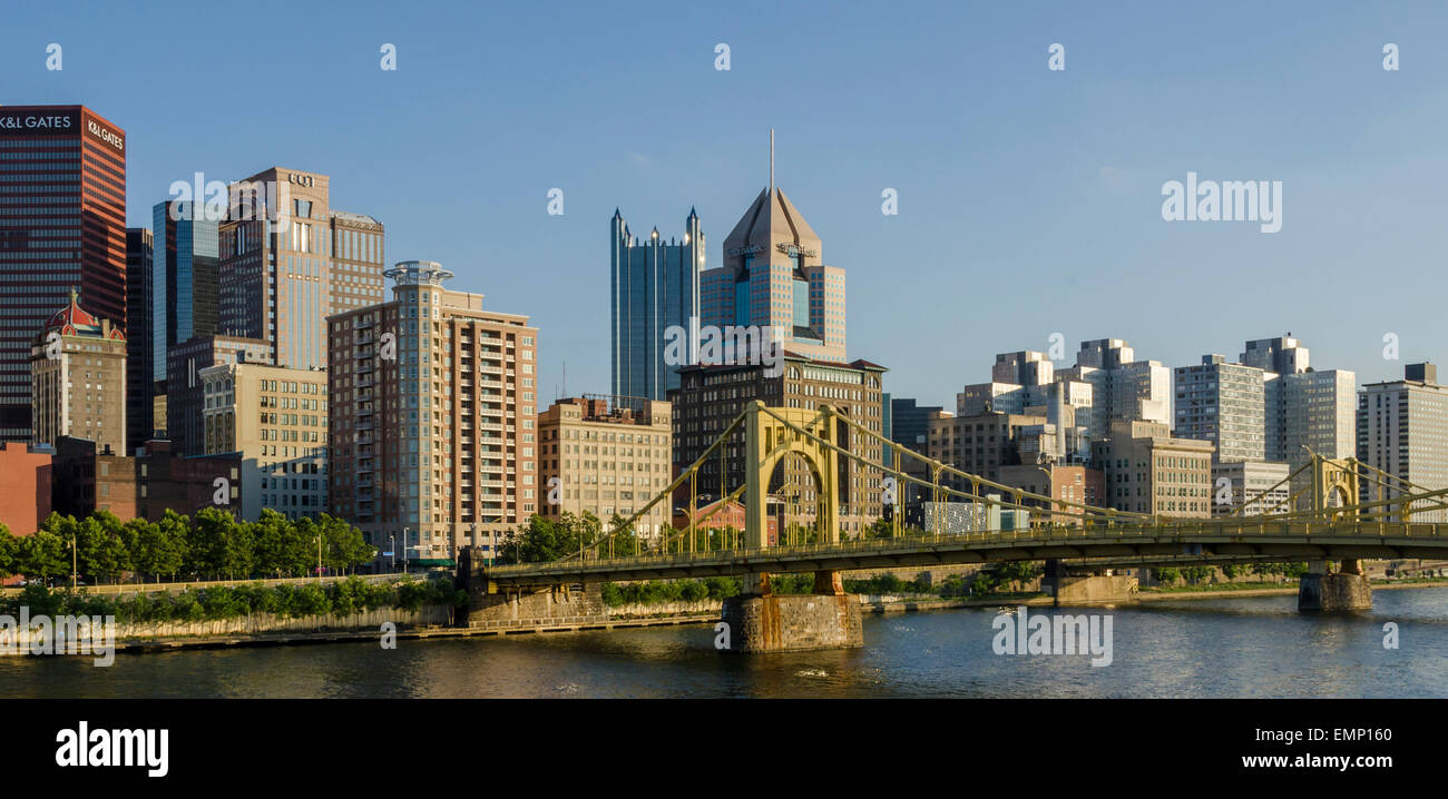 Pittsburgh Pennsylvania Downtown Skyline Buildings at Sunset. View from Allegheny River North Shore. Stock Photo