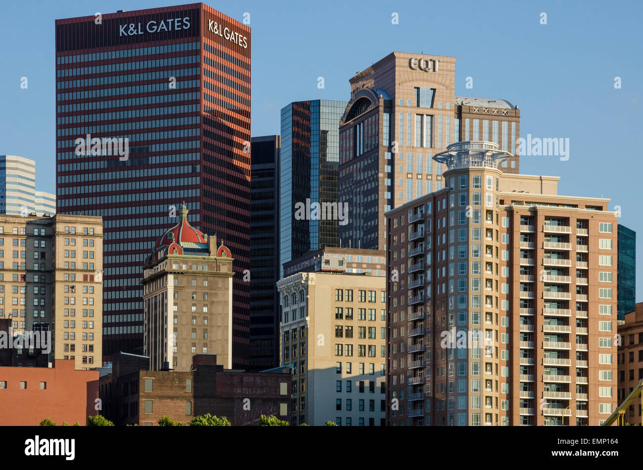 Pittsburgh Pennsylvania Downtown Skyline Buildings at Sunset. View from Allegheny River North Shore. Stock Photo