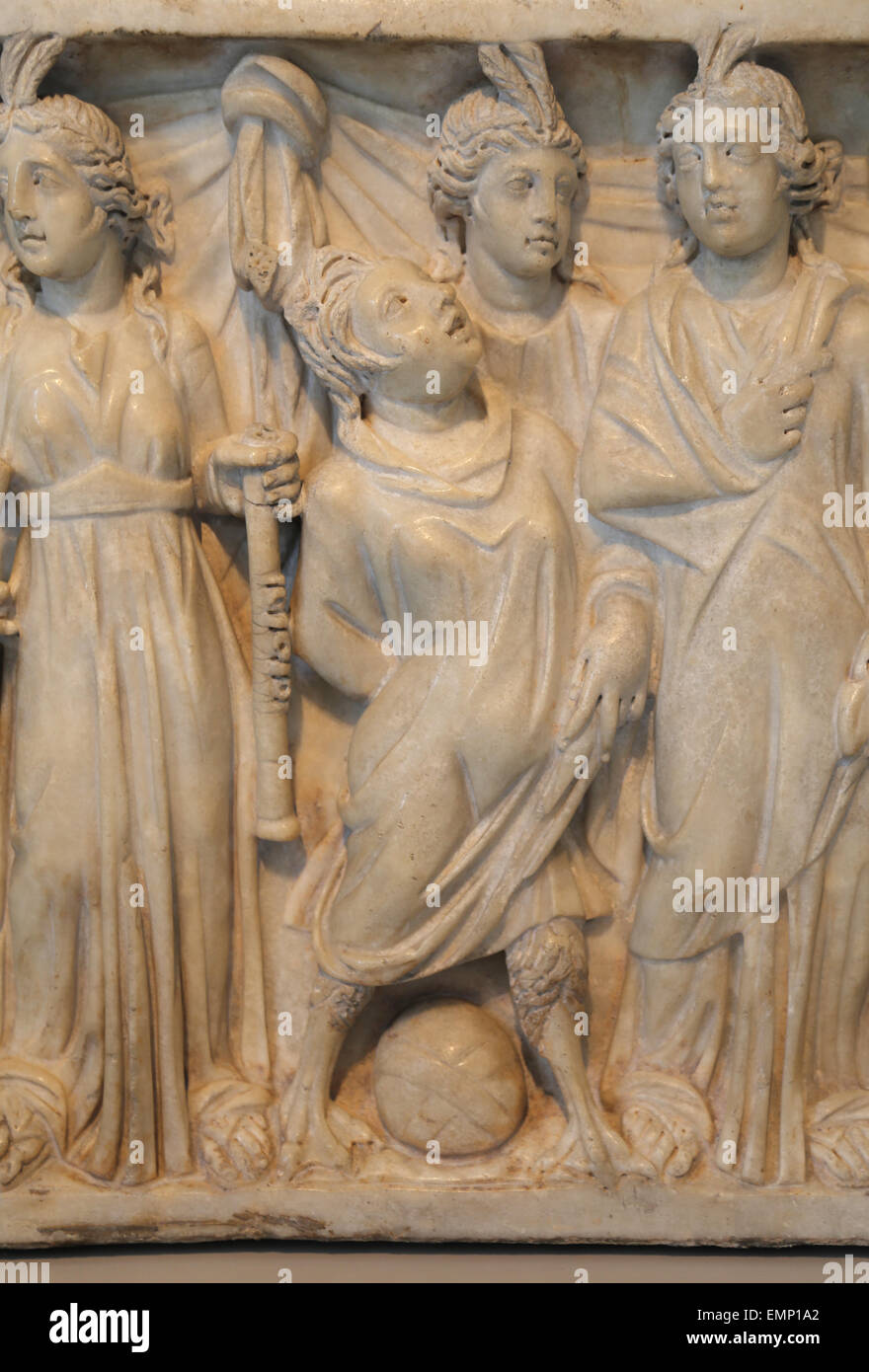Roman sarcophagus with the contest between The Muses and the Sirens. Severan period. 3rd C. AD. Siren. Detail. Stock Photo