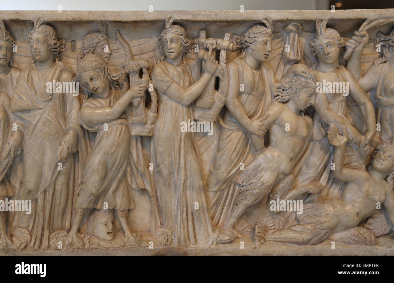 Roman sarcophagus. Contest between The Muses and the Sirens.3rd C. AD. Athena, Zeus and Hera, preside the musical. Stock Photo
