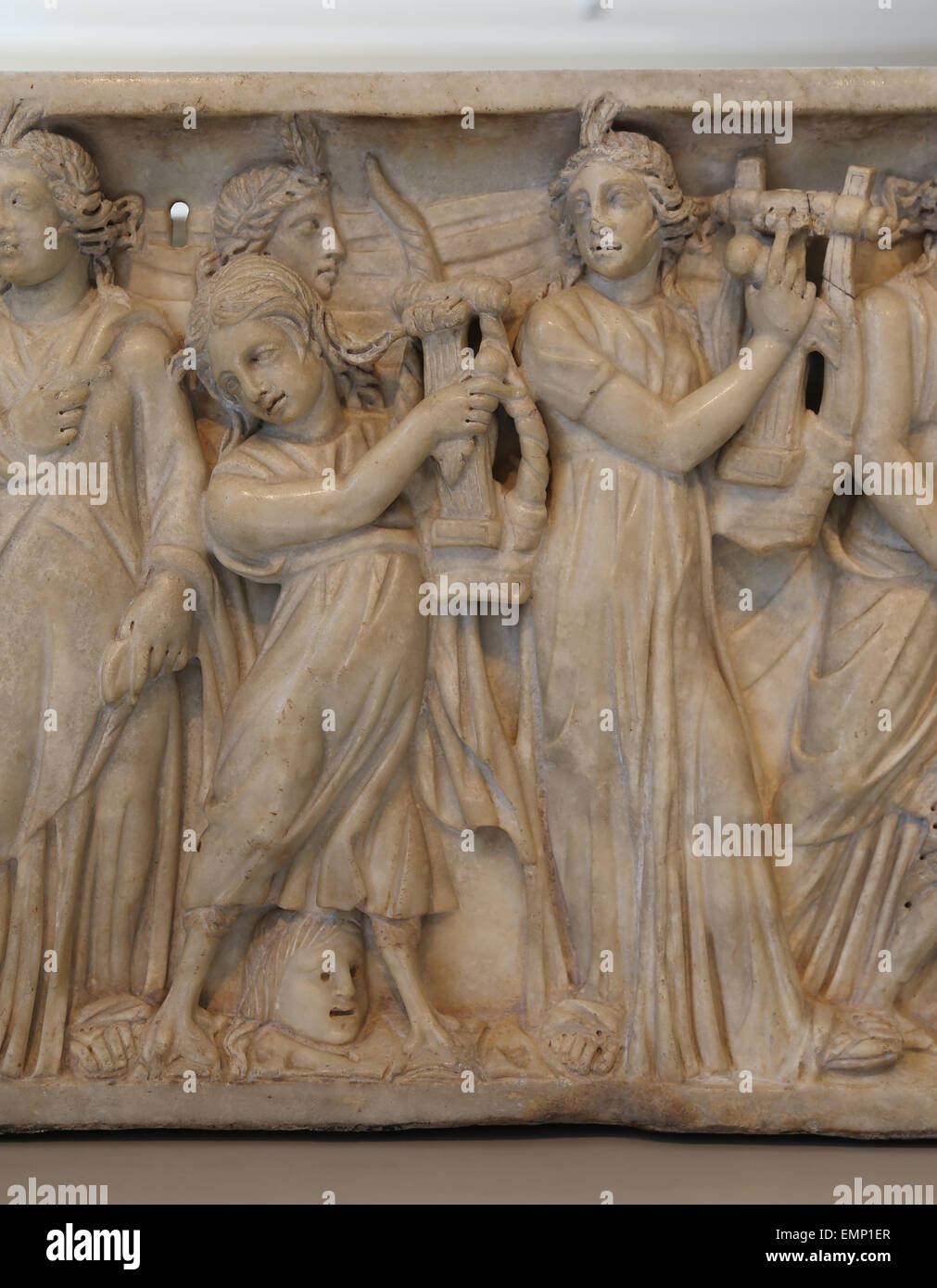 Roman sarcophagus with the contest between The Muses and the Sirens. Severan period. 3rd C. AD. Stock Photo