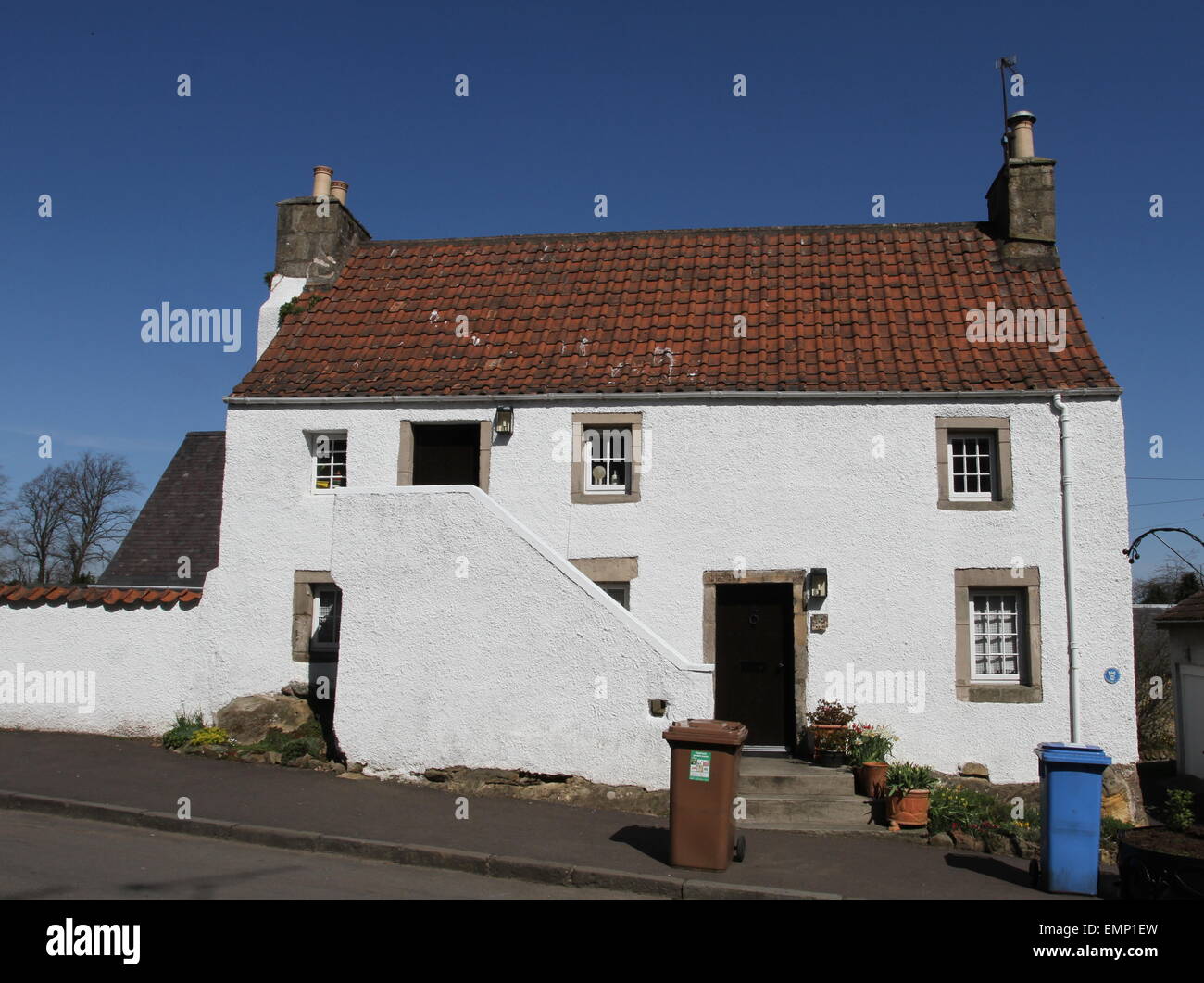House with external staircase Falkland Fife Scotland April 2015 Stock