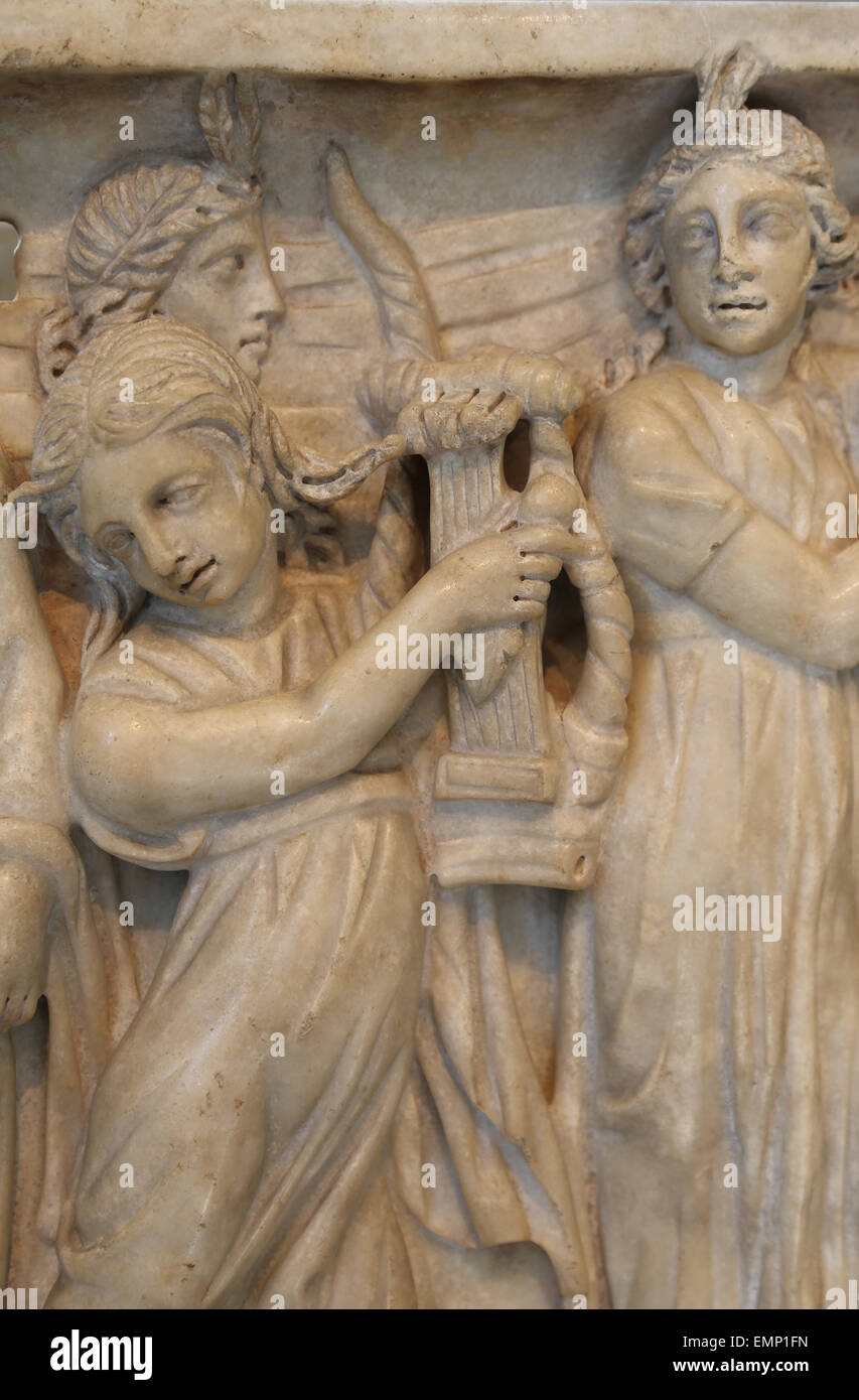 Roman sarcophagus with the contest between The Muses and the Sirens. 3rd C. AD. Musical. Stock Photo