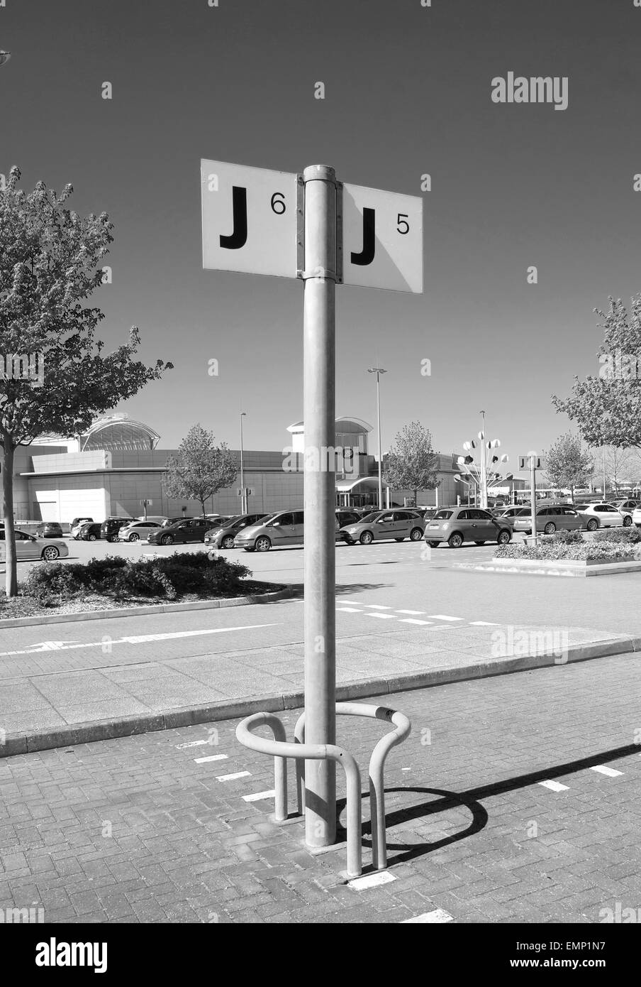 J identification letter in a retail superstore parking lot.  22nd April 2015 Stock Photo