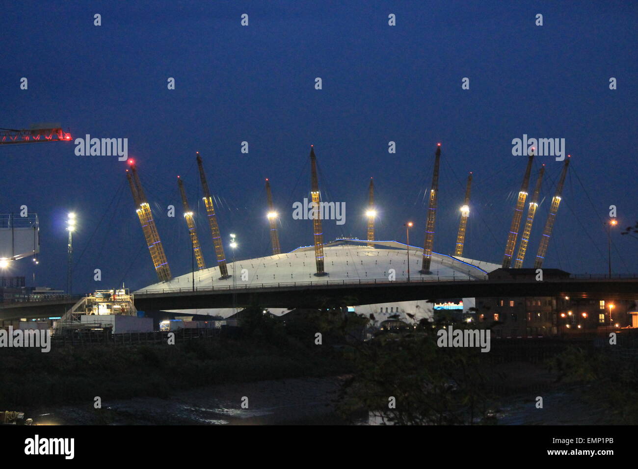 millenium, dome, 02, arena, London, Greenwich, at night 02, architecture, arena, banks, bend, boat, britain, british, cables, Stock Photo