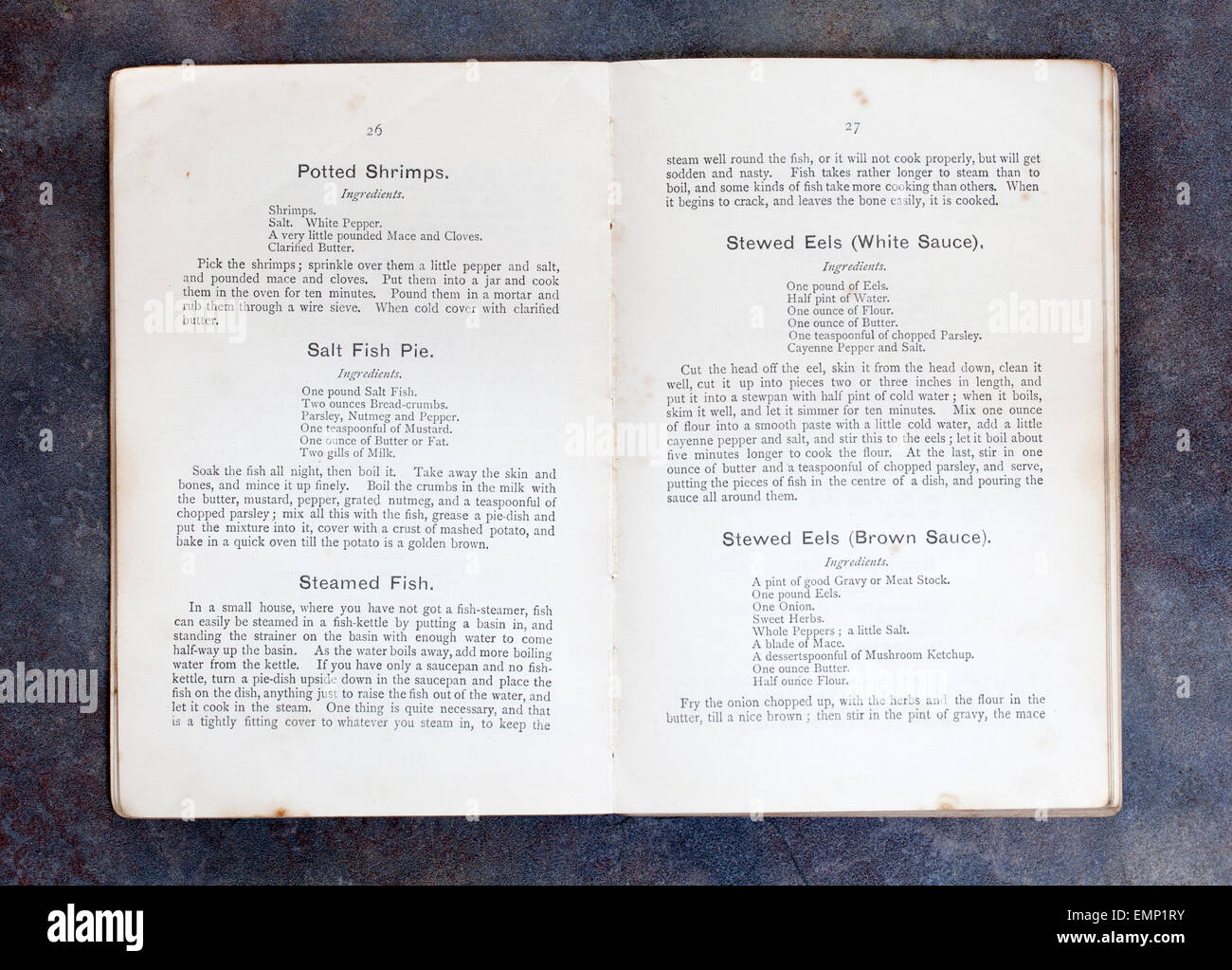 Fish Dishes - Potted Shrimps, Salt Fish Pie, Steamed Fish, Stewed Eels from Plain Cookery Recipes by Mrs Charles Clarke Stock Photo