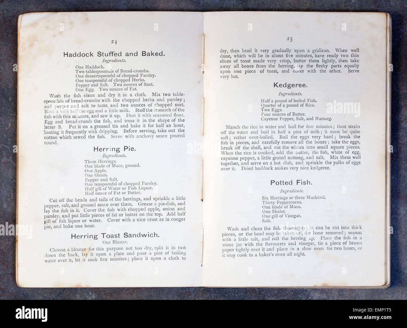 Fish Dishes Recipes from Plain Cookery Recipes by Mrs Charles Clarke Stock Photo