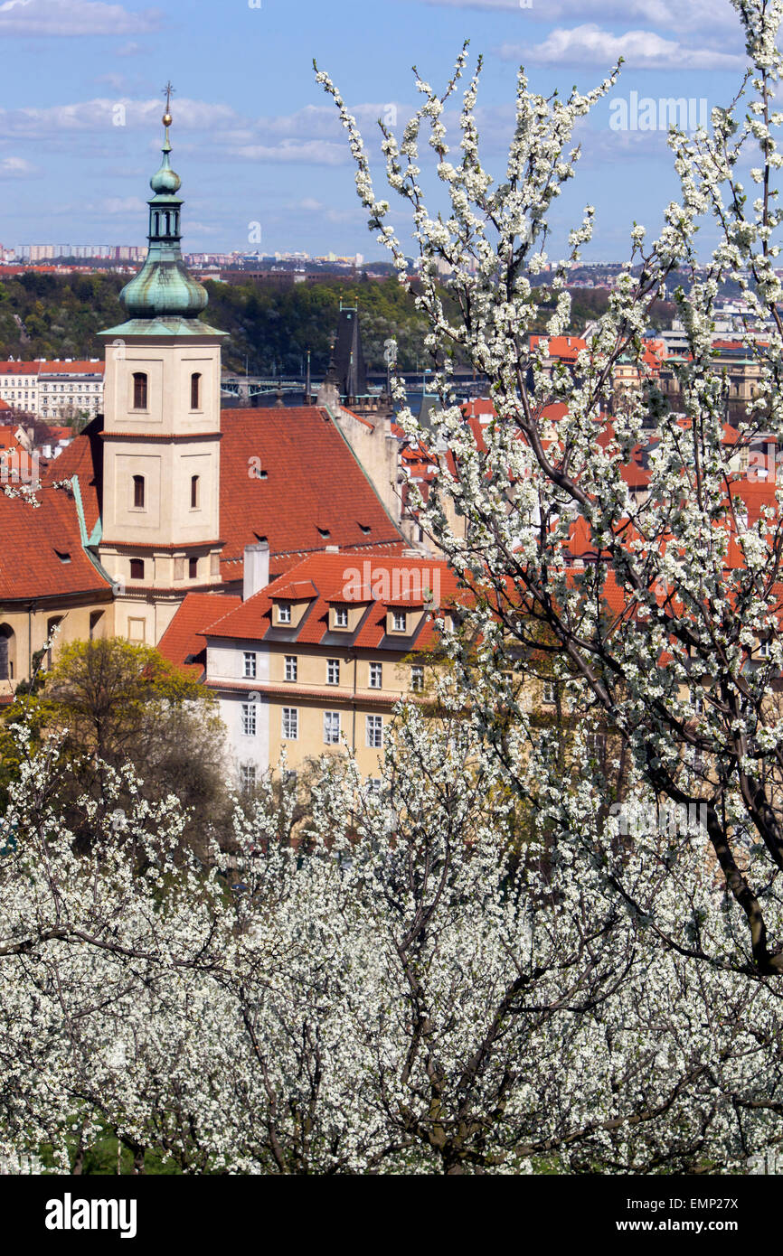 Church of Our Lady Victorious (Infant Jesus) from blooming Petrin hill, Lesser Town, Prague, Czech Republic Stock Photo