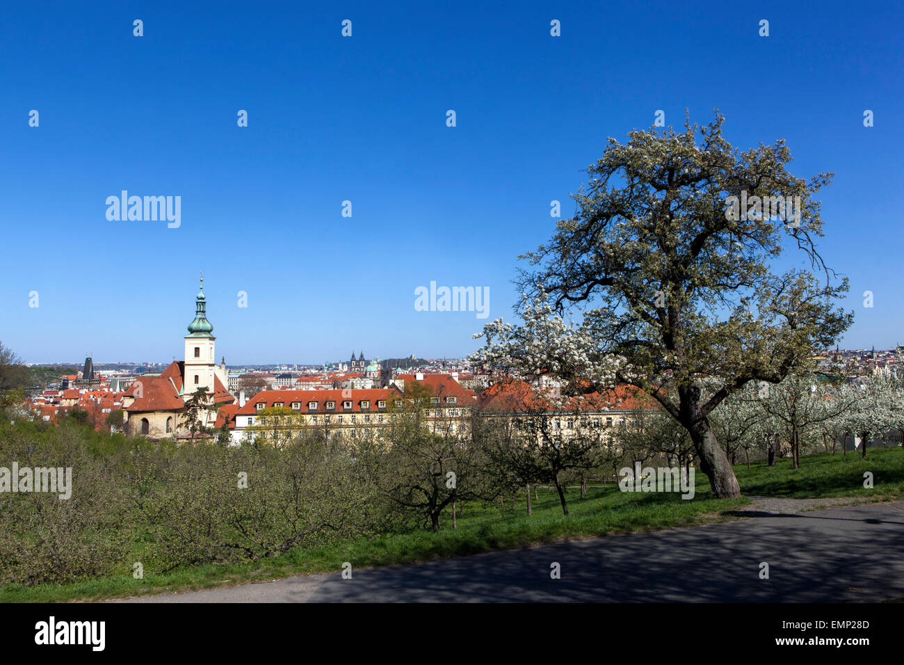Church of Our Lady Victorious from spring Petrin hill park, Prague cityscape Czech Republic Stock Photo