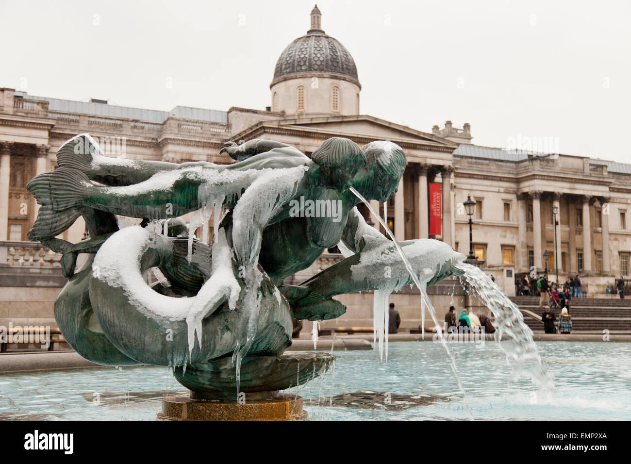 Fountains in Trafalgar Square, Winter in London Stock Photo