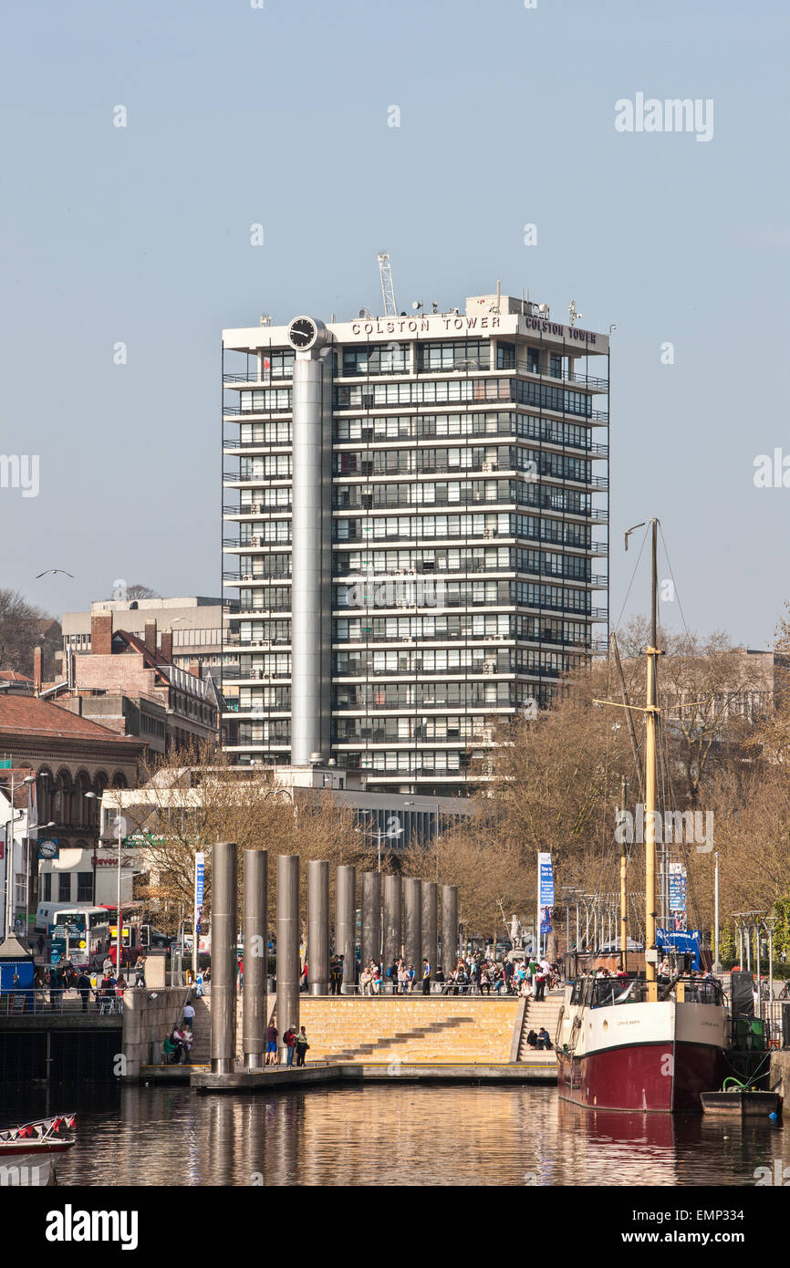 View of Colston Tower,the,slave trader,Colston,has,become,a,controversial,figure from Harbourside, with cascading waterfall feature, Bristol,Englan,UK Stock Photo