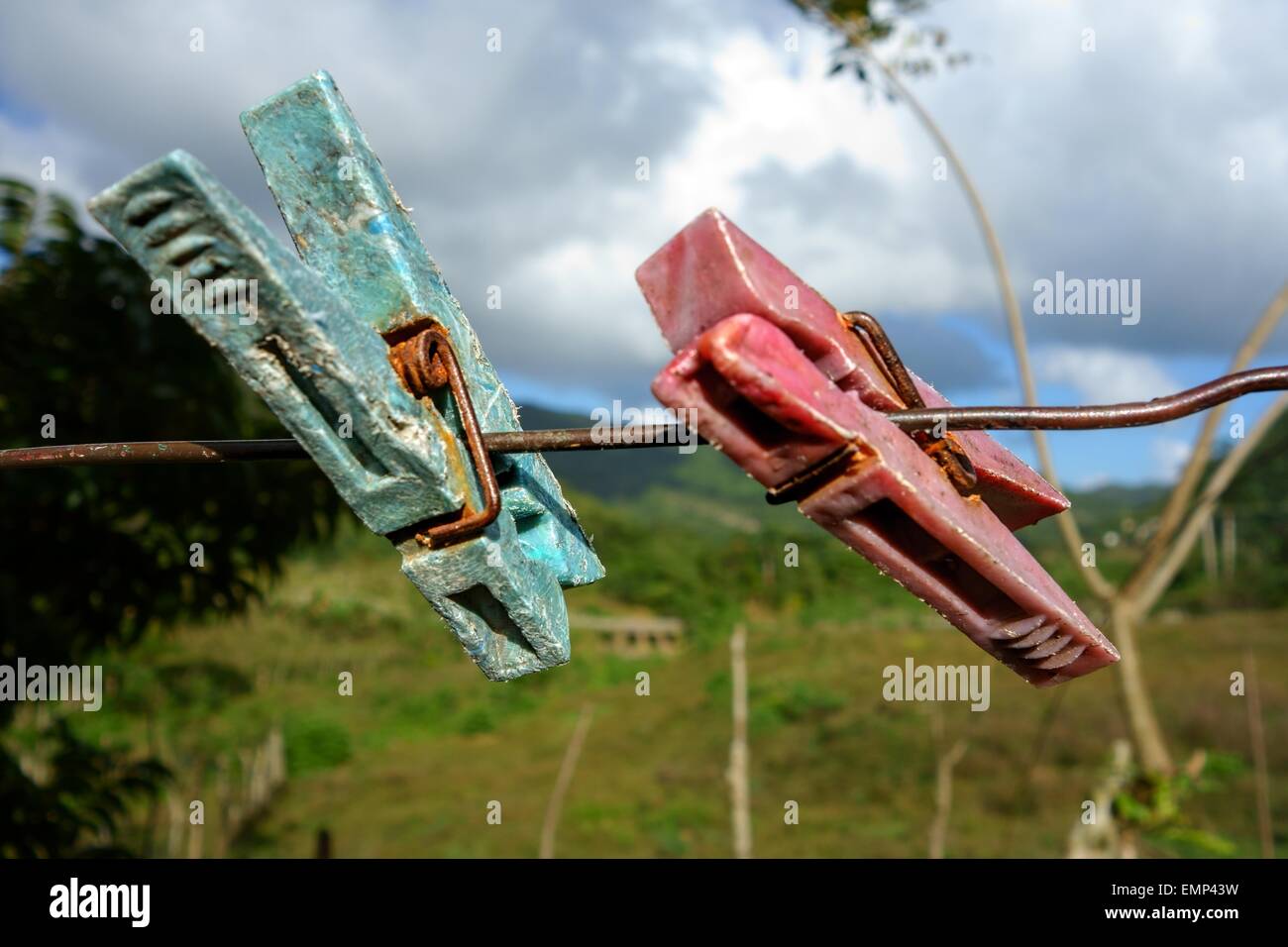 Two aged clothespin as friends on a clothes line Stock Photo