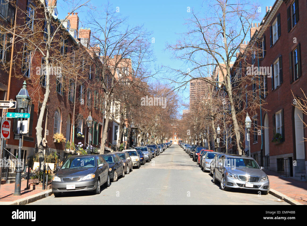 Boston Massachusetts Beacon Hill street with parked cars and brick