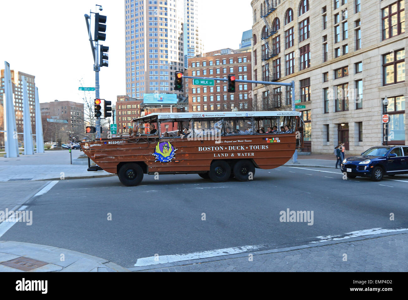 Boston Massachusetts Duck tour downtown and Boston harbor. Stock Photo